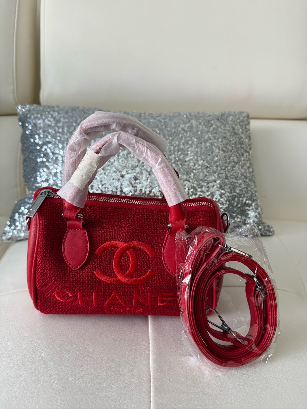 Designer inspired Ch@nel Red Mini Top-Handle Bowling Bag